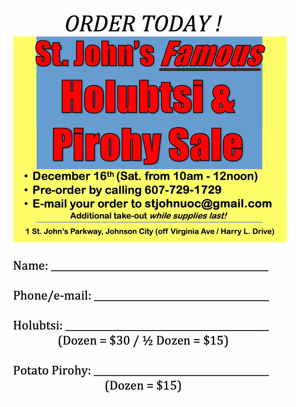 St. John's Famous Holubtsi and Pirohy Sale - December 16, 2023