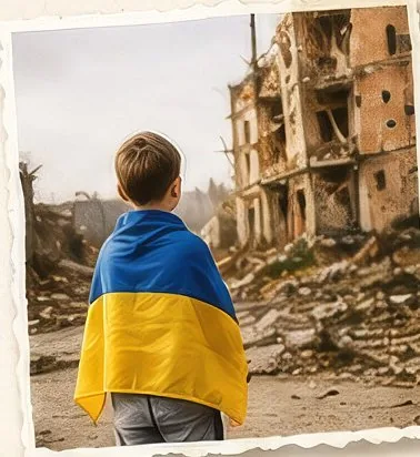 A young boy wrapped in the Ukrainian flag looks at a bombed-out building