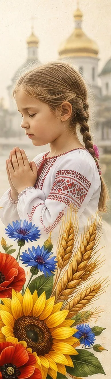 A Ukrainian girl in an embroidered vyshyvanka praying before a golden-domed church, with sunflowers, poppies, cornflowers and wheat